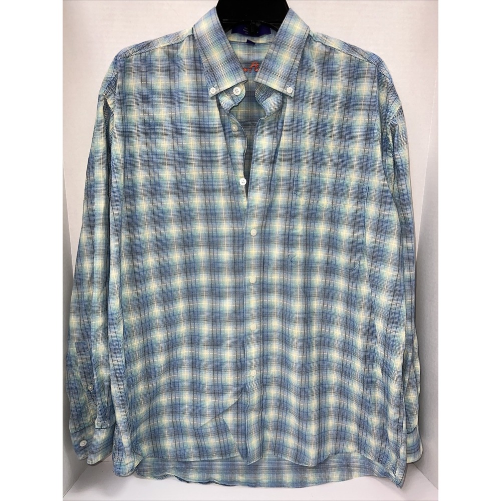 Alan Flusser Shirt Men's Large Blue Plaid Long Sleeve Button Up